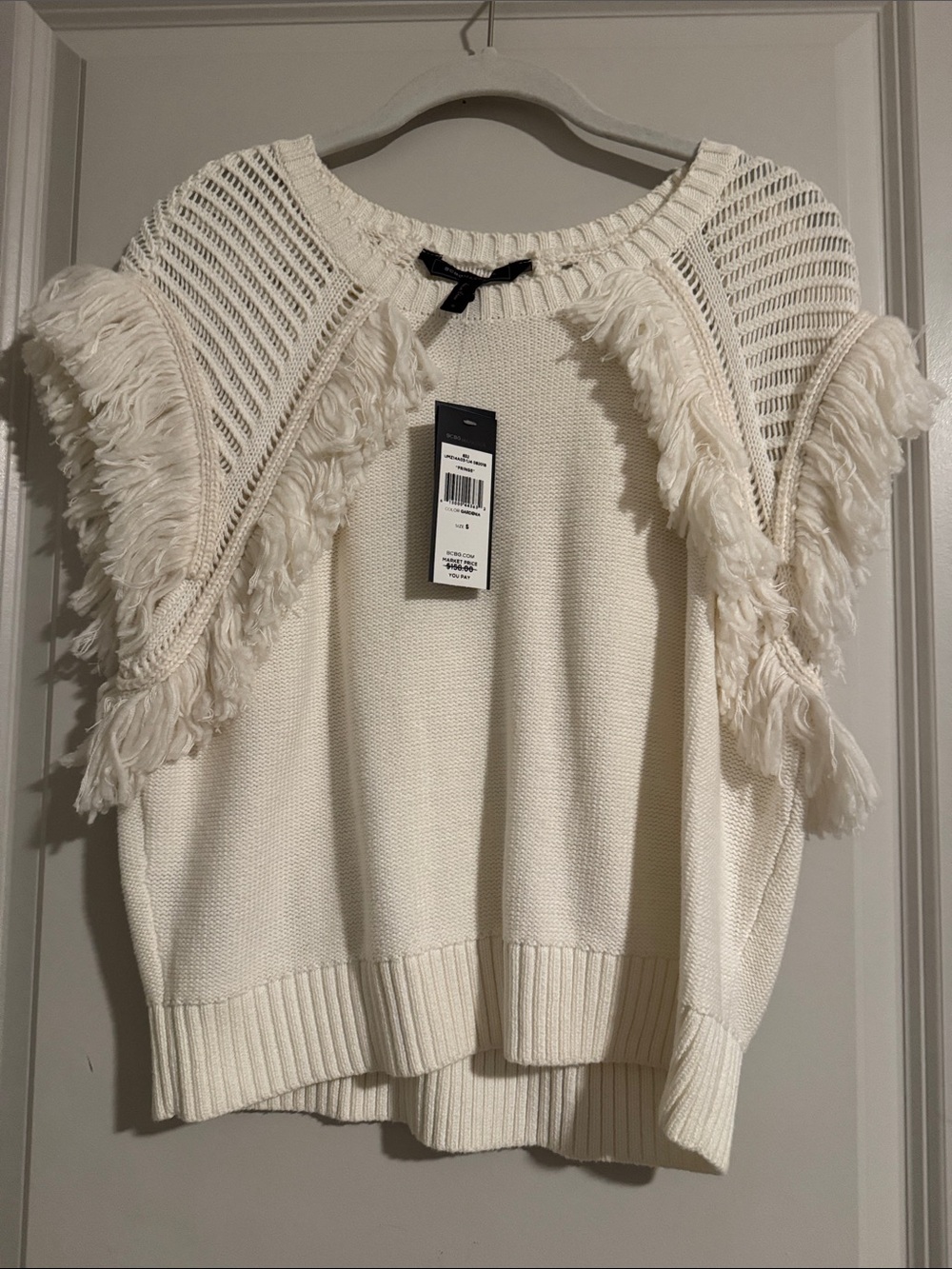 BCBGMaxAzria Cream Fringe Knit Crewneck Sweater